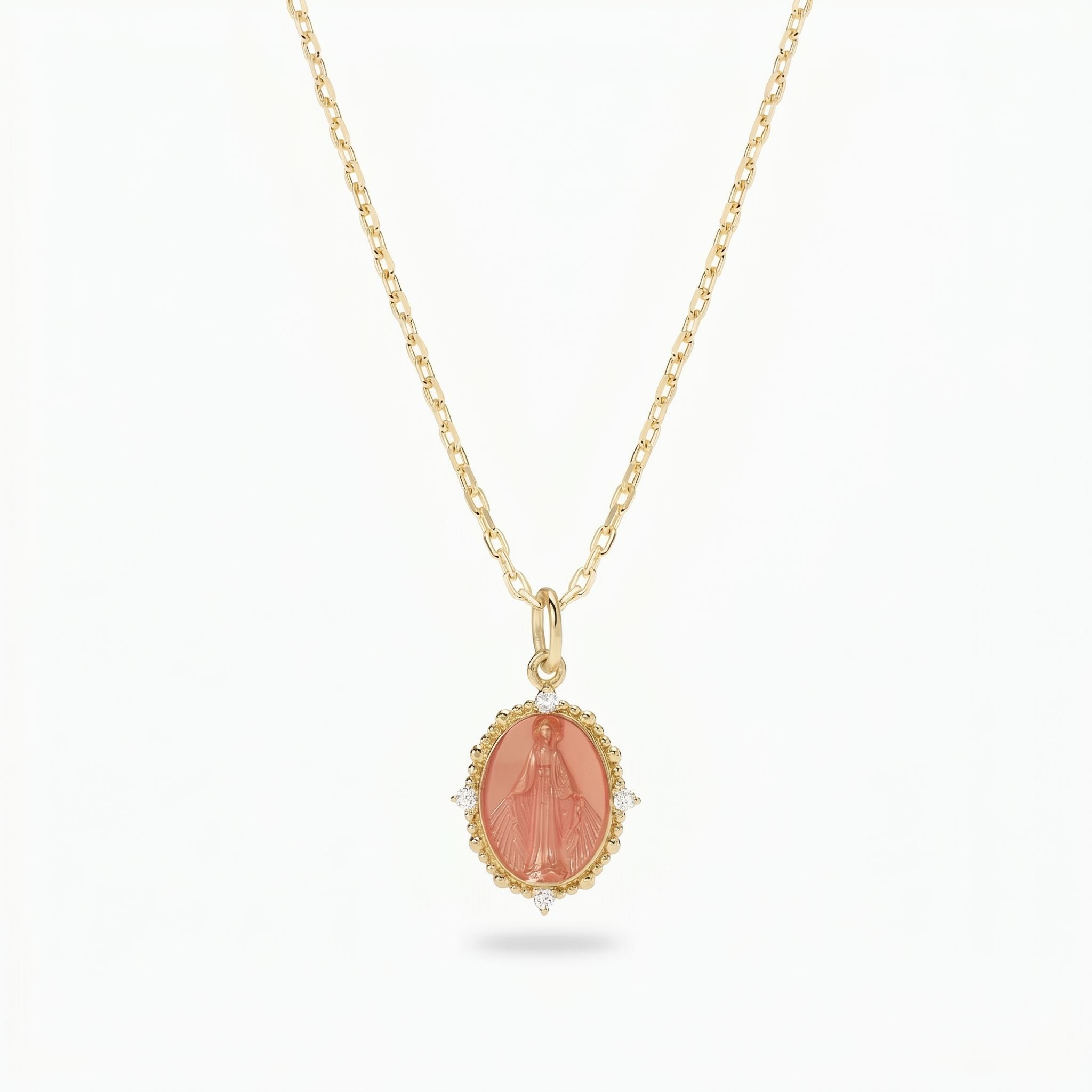 Collana Medaglia Miracolosa in Argento 925 placcato oro 18kt con Smalto pesca e Zirconi