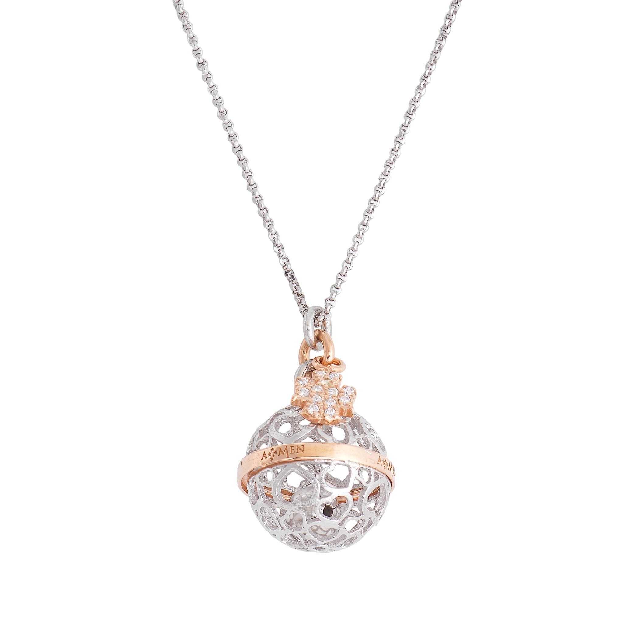 Collana Catena Rolo con Ciondolo Tondo Traforato e Pavé in Cubic Zirconia