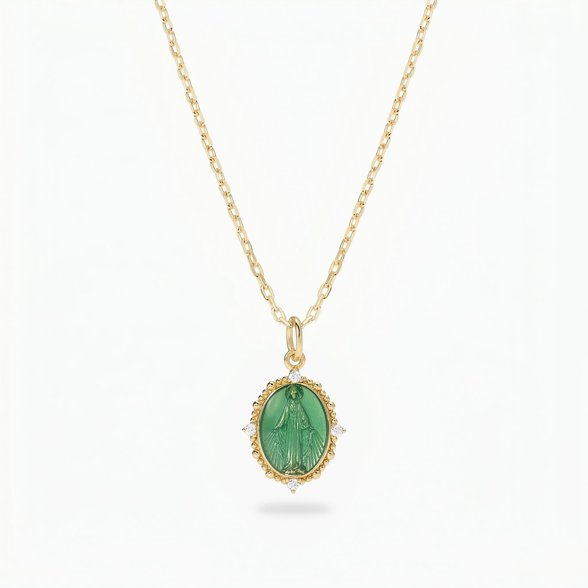 Collana Medaglia Miracolosa in Argento 925 placcato oro 18kt con Smalto verde e Zirconi
