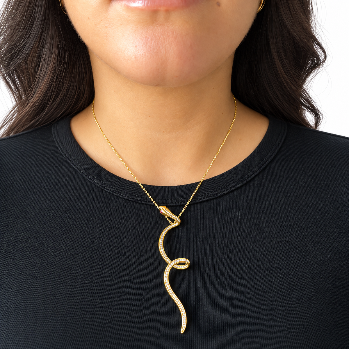 Collana Eva con Pendente Serpente in Lega Amen Dorata con Zirconi Bianchi e Rossi