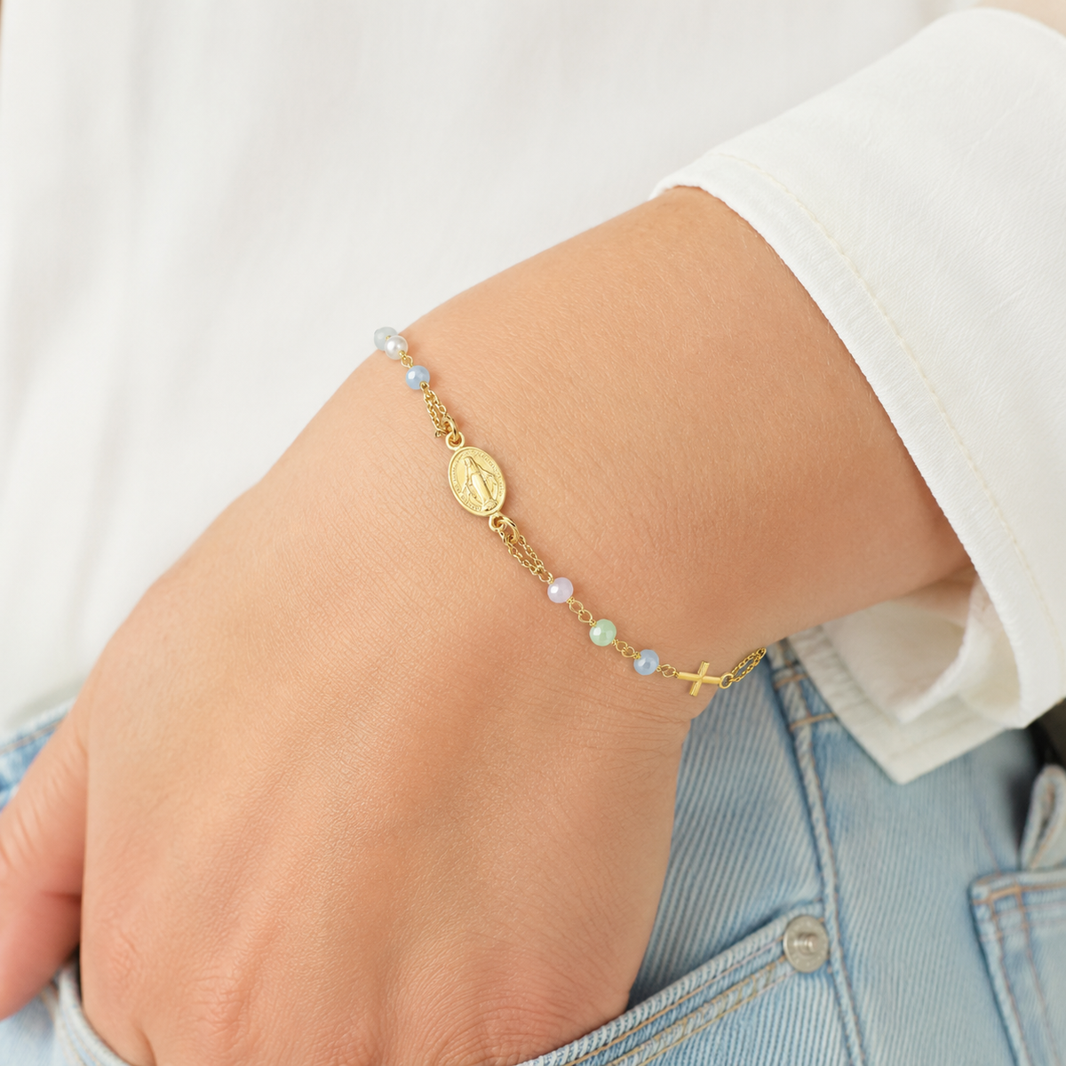 Golden Rosary Bracelet with Multicolor Crystals and Pearls