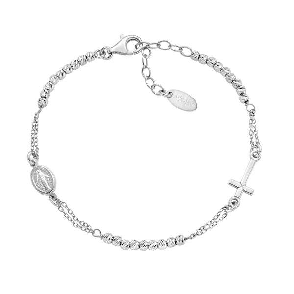 Bracciale Rosario In Argento 925 Con Croce Pendente, Sfere Lucide, Unisex, Confezione Regalo Inclusa