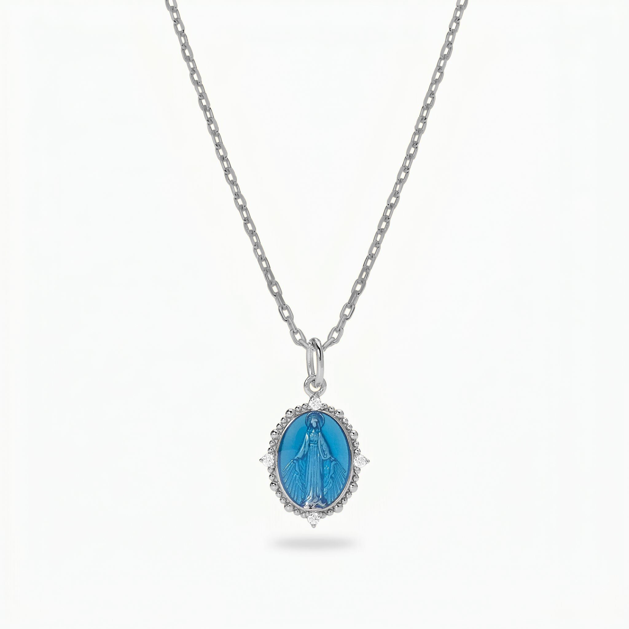 Collana Medaglia Miracolosa in Argento 925 con Smalto blu e Zirconi