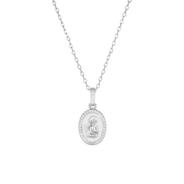 FJ Collana Angelo Custode In Argento 925 Con Zirconi Cubici, Gioiello Religioso Regalo Per Donna In Confezione Regalo