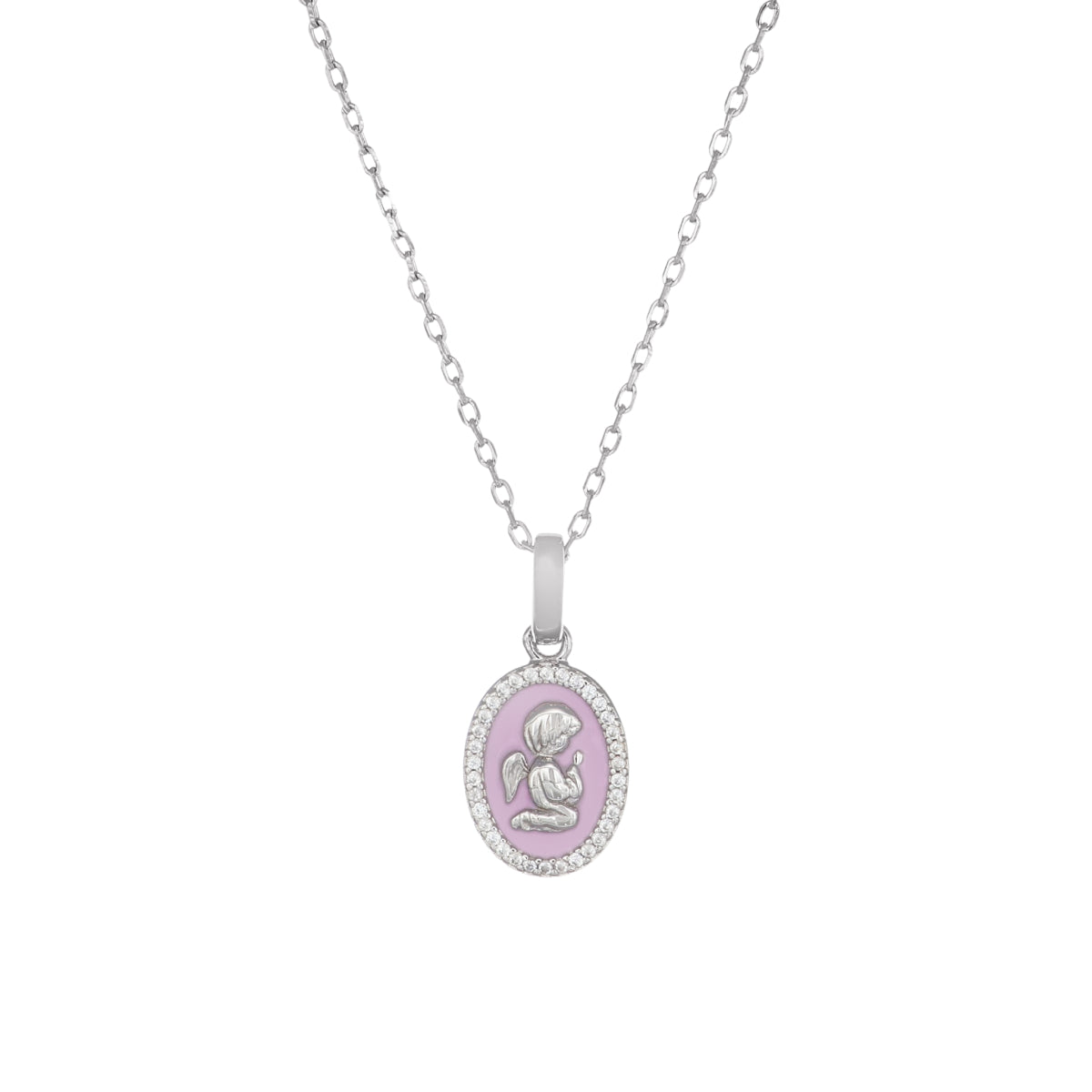 Guardian Angel Necklace with Pink Enamel and Zirconia