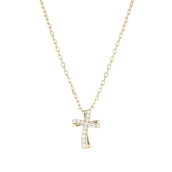Collana Dorata Croce Ondulata con Zirconi Bianchi - Amen