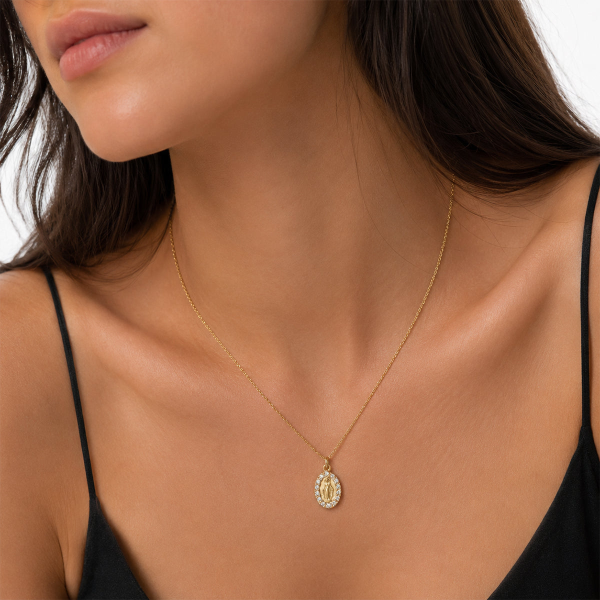 Mini Miraculous Mary Golden Medal Necklace with Zirconia