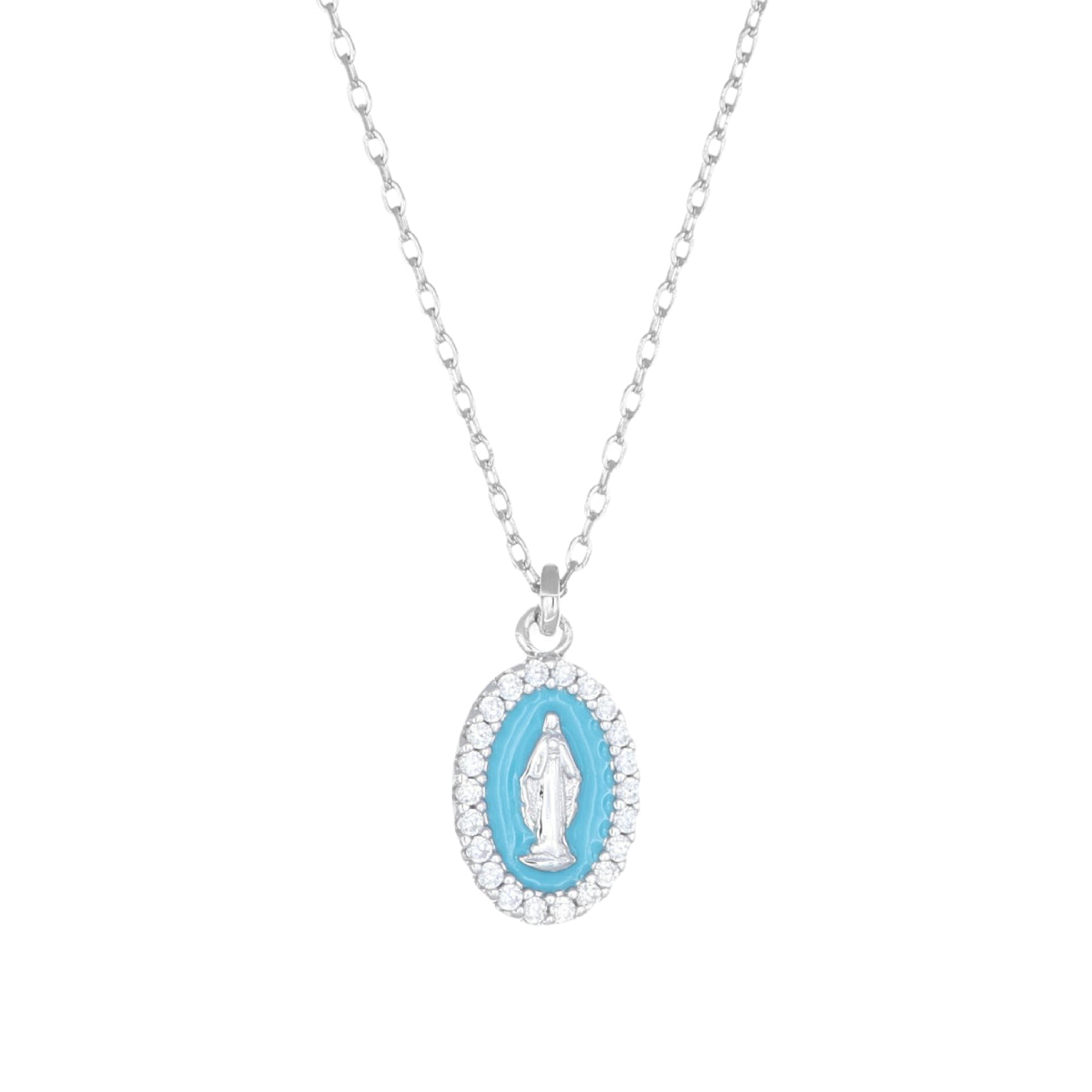 Collana Rodiata mini Medaglia Miracolosa smaltata Turchese
