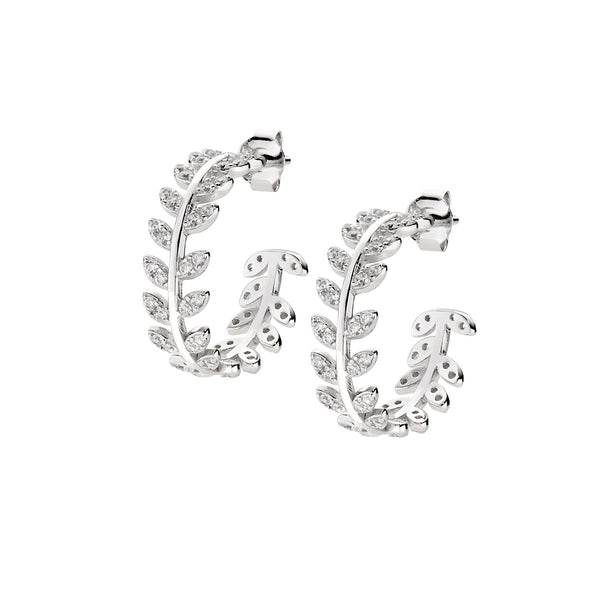 Orecchini A Cerchio Foglia D'Ulivo Con Opale Bianco - Argento 925 - Deliziosi Huggie