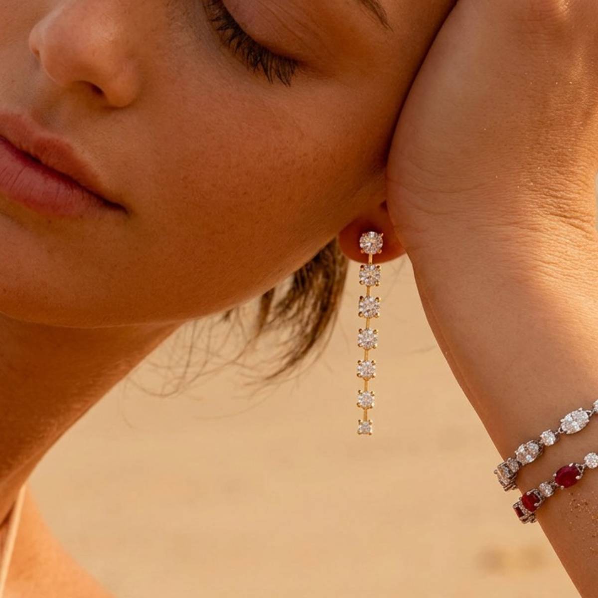 Gold Earrings with White Zirconia Pendants
