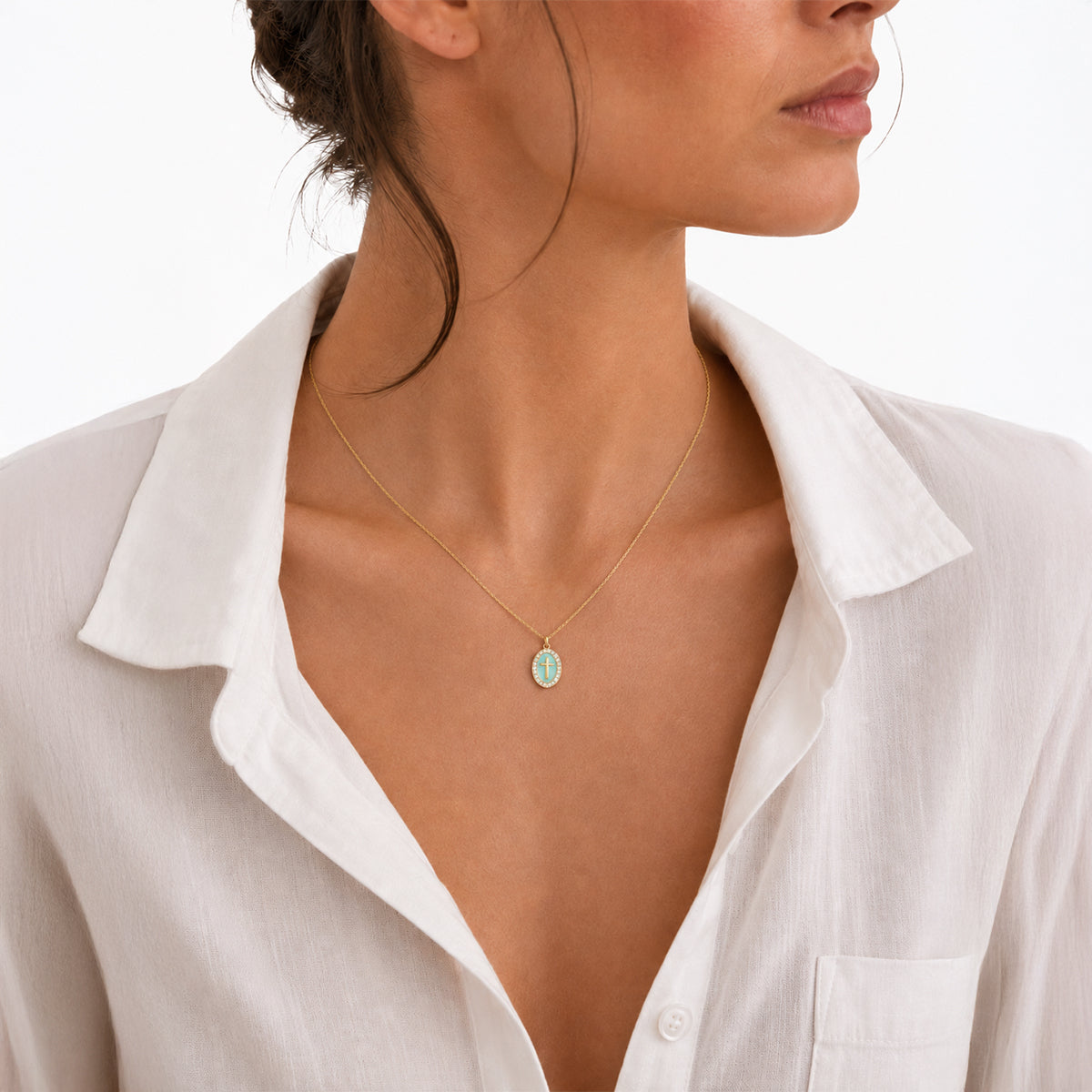 Golden Cross on Sea Green Enamel Medal Necklace