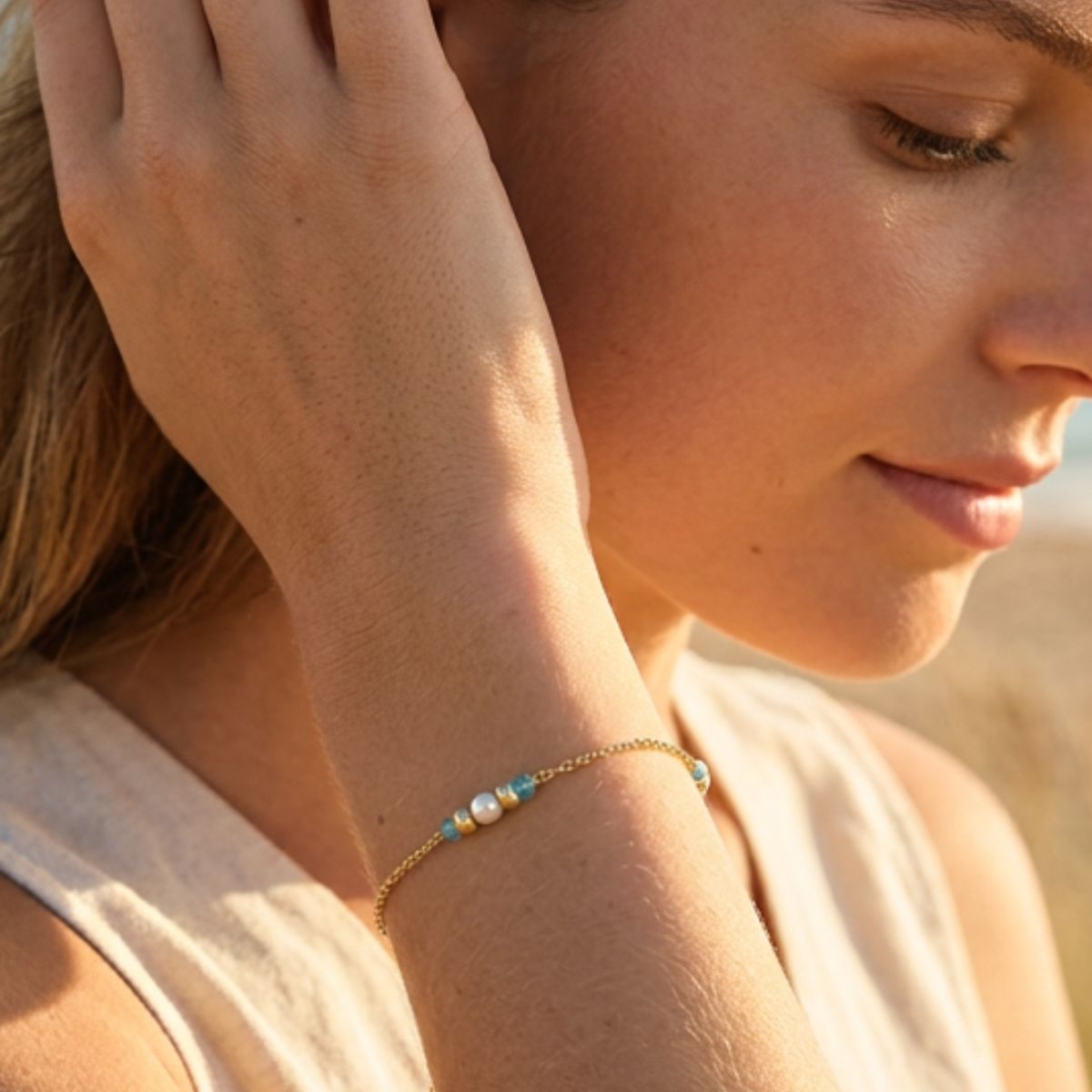 Light Blue Crystals and Pearls Rainbow Golden Bracelet