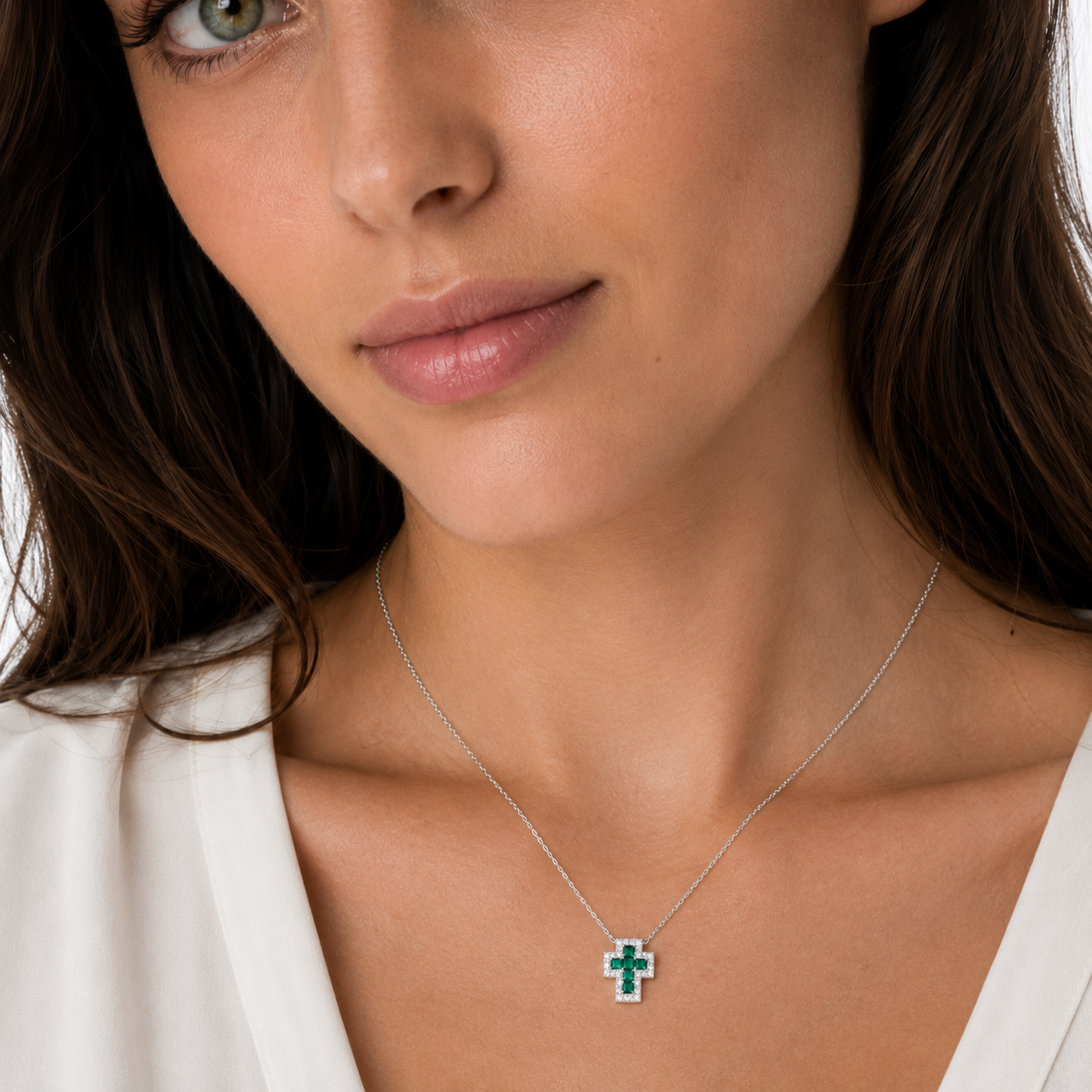 Double mini Cross Necklace with Green and White Zirconia